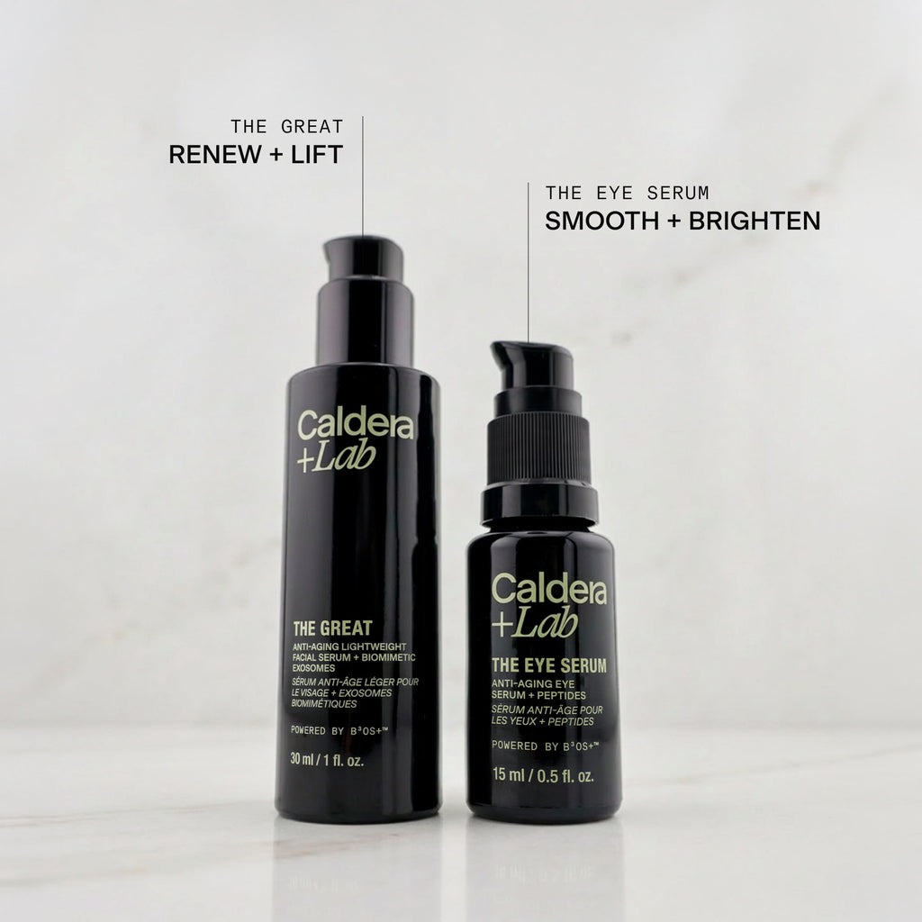 Two black bottles of Caldera + Lab skincare products on a light gray background
