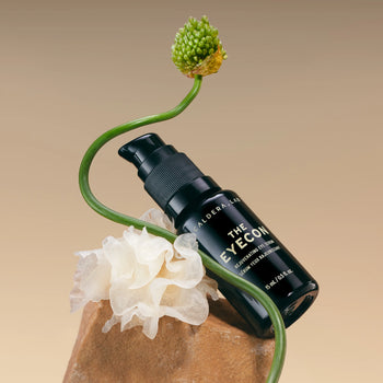 The Eyecon, Rejuvenating Eye Serum, on a rock next to a swirling plant stem