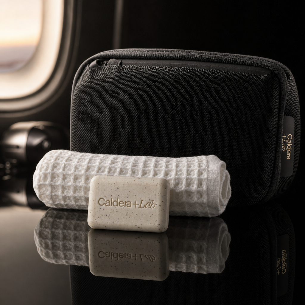 Black toiletry bag with rolled towel and soap bar on a reflective surface, featuring 'Caldera Lab' branding.